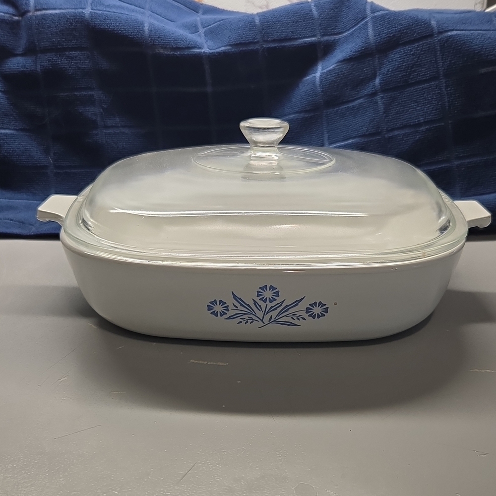 Corningware White Casserole with Blue Floral Pattern and Glass Lid